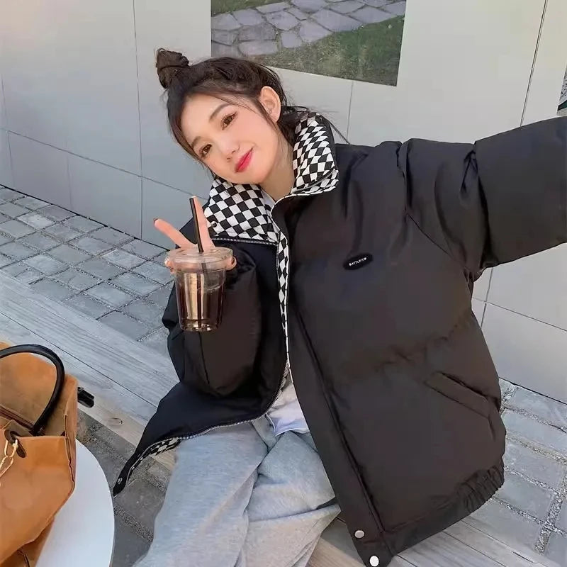 Checkerboard Puffer Jacket with Stand Collar | Warm Winter Coat