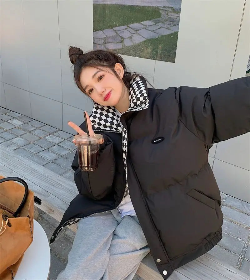 Checkerboard Puffer Jacket with Stand Collar | Warm Winter Coat