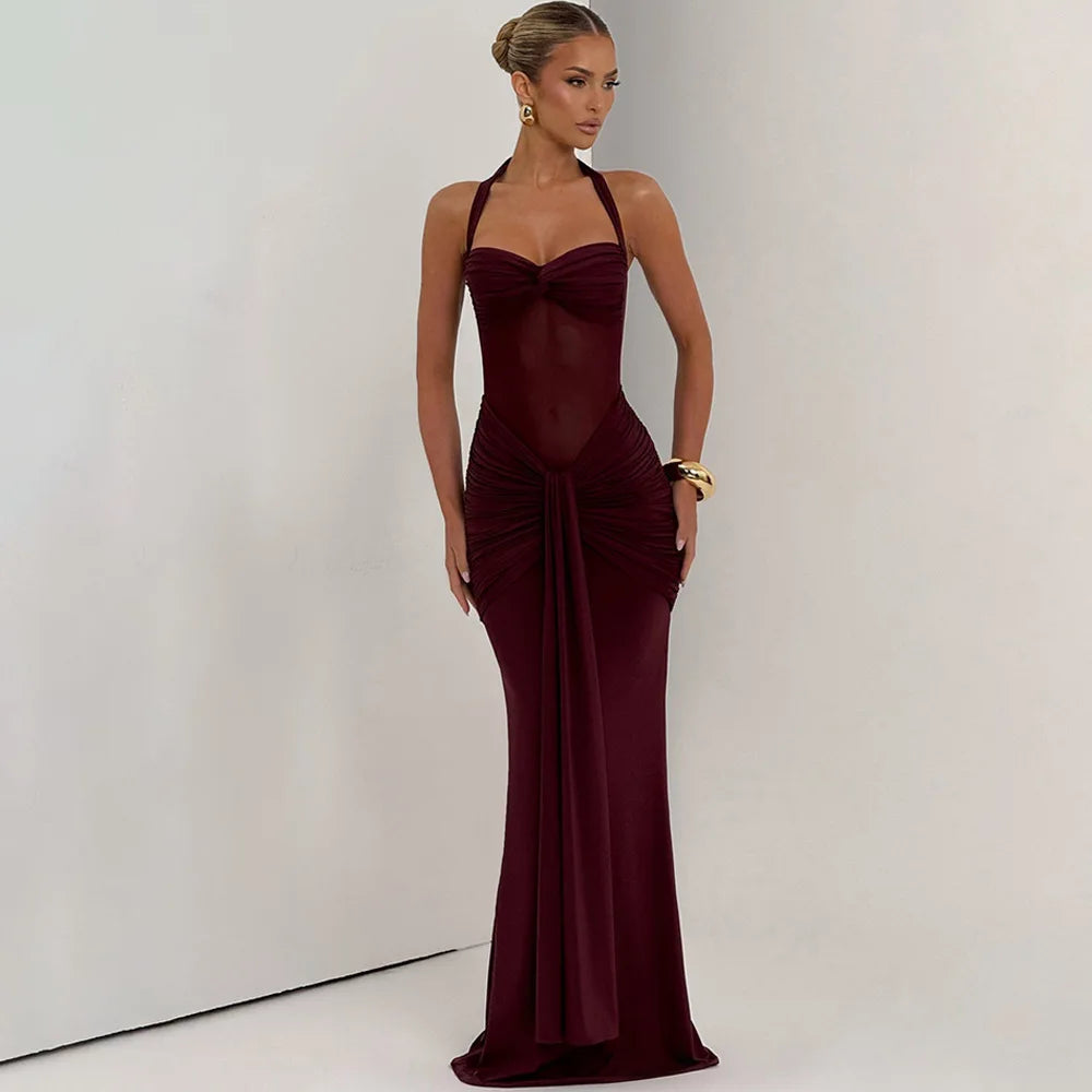Ruched Halter Backless Maxi Dress