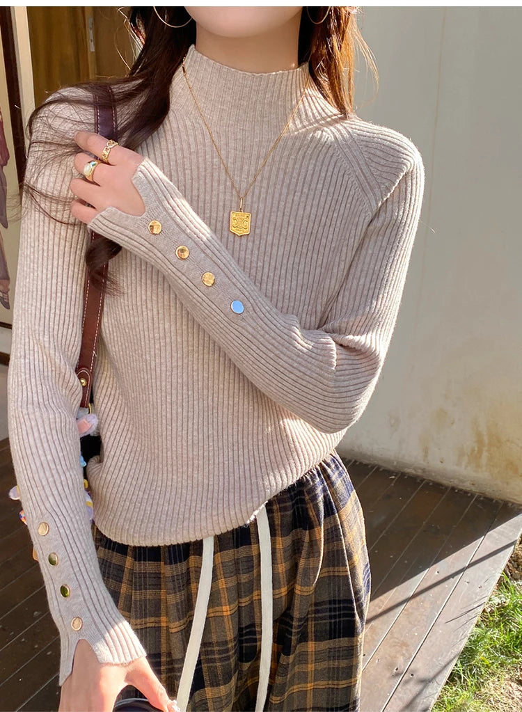 Chic Button-Detail Turtleneck Sweater