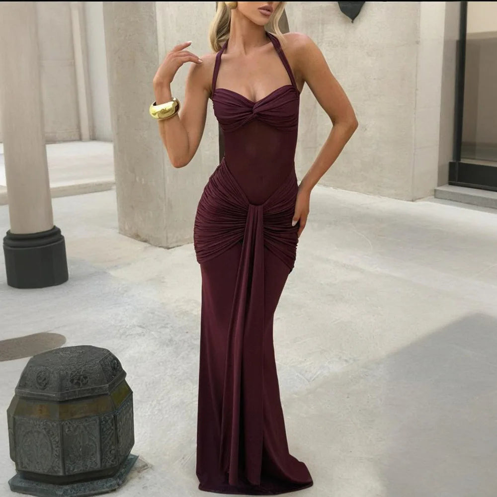 Ruched Halter Backless Maxi Dress
