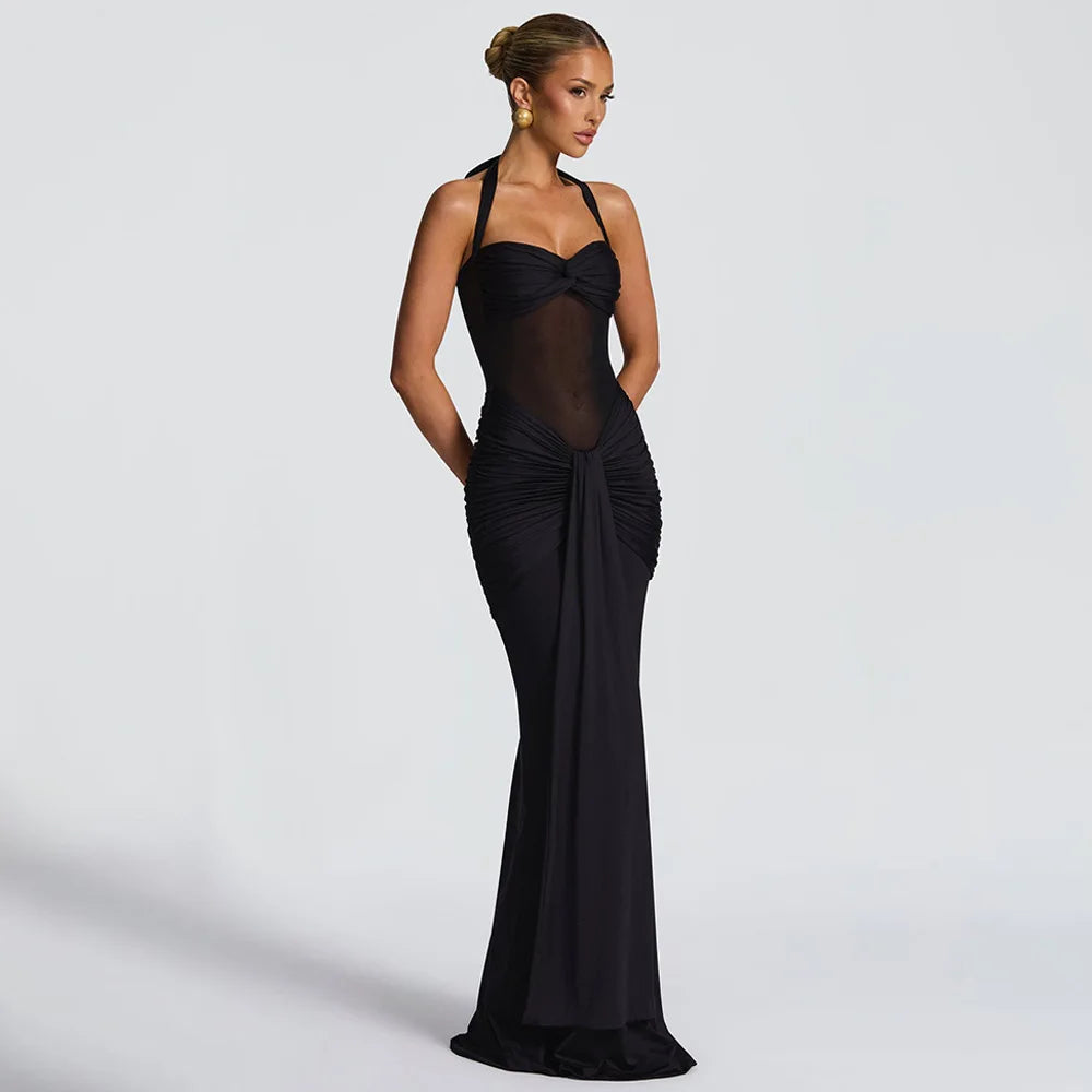 Ruched Halter Backless Maxi Dress