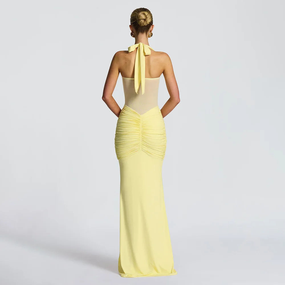 Ruched Halter Backless Maxi Dress