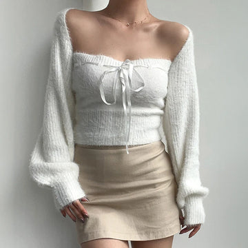 Fuzzy Bolero & Tube Top Set with Bow | Acubi Y2K Knitwear