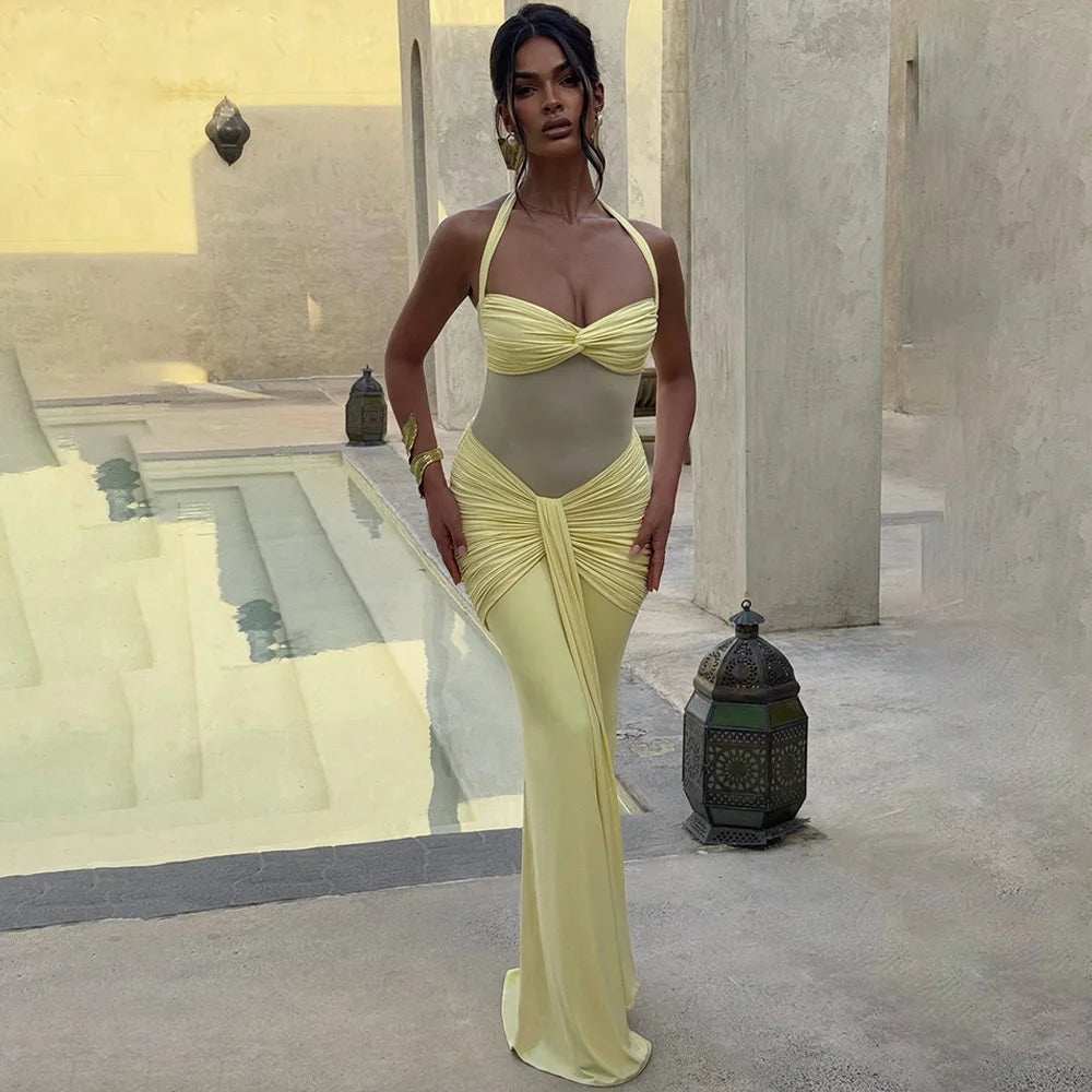 Ruched Halter Backless Maxi Dress