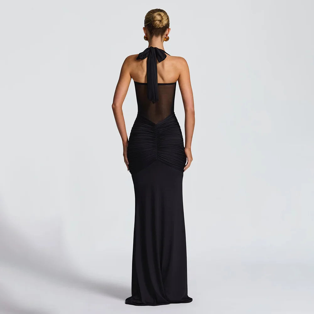 Ruched Halter Backless Maxi Dress