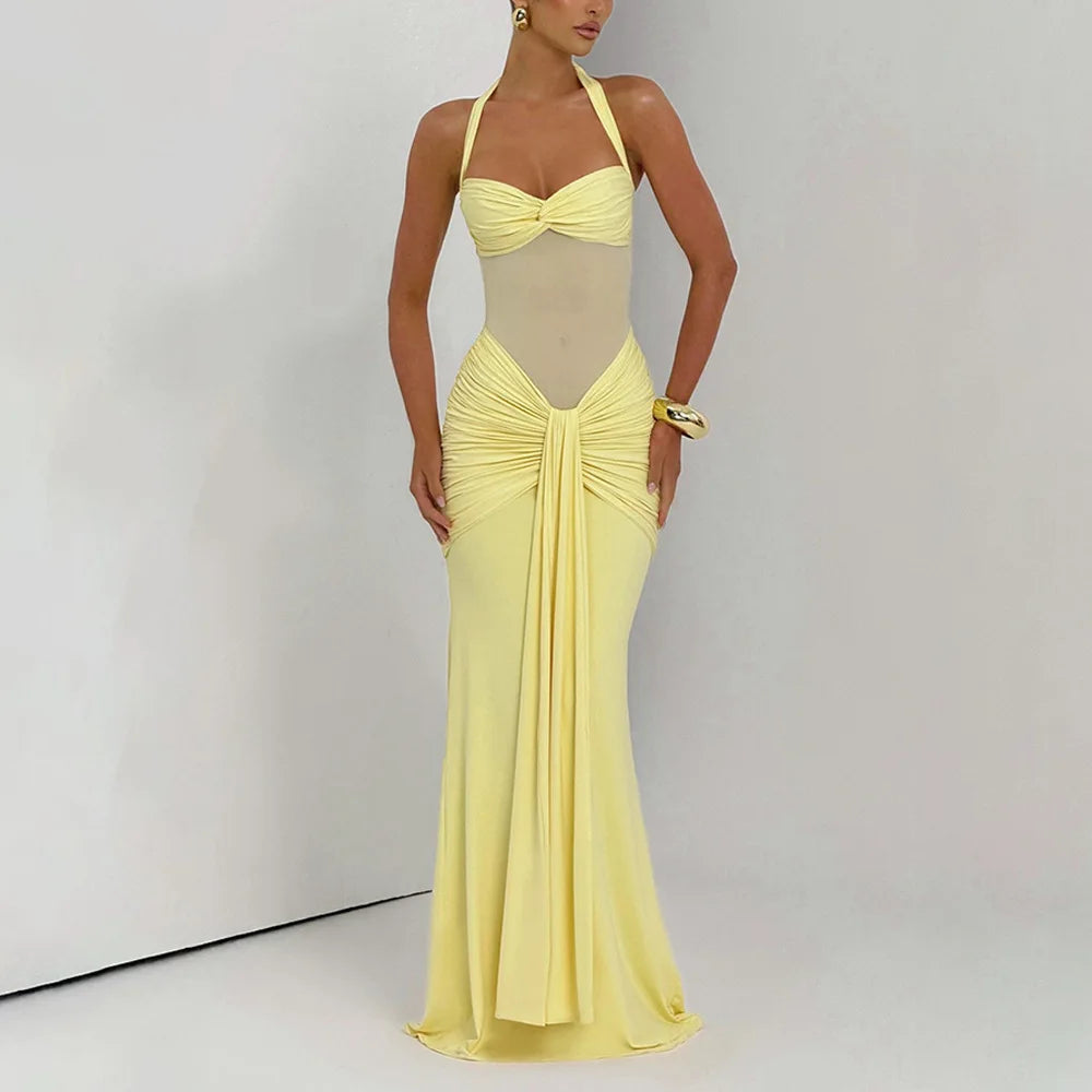 Ruched Halter Backless Maxi Dress