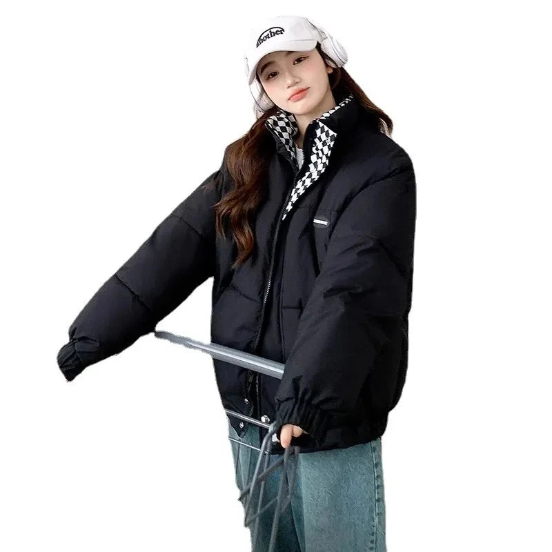 Checkerboard Puffer Jacket with Stand Collar | Warm Winter Coat