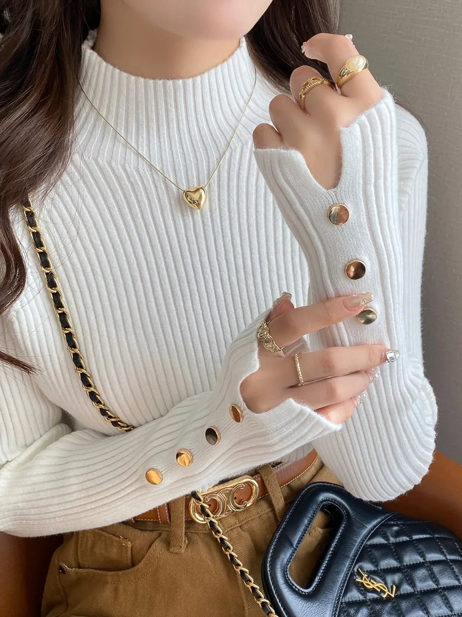 Chic Button-Detail Turtleneck Sweater