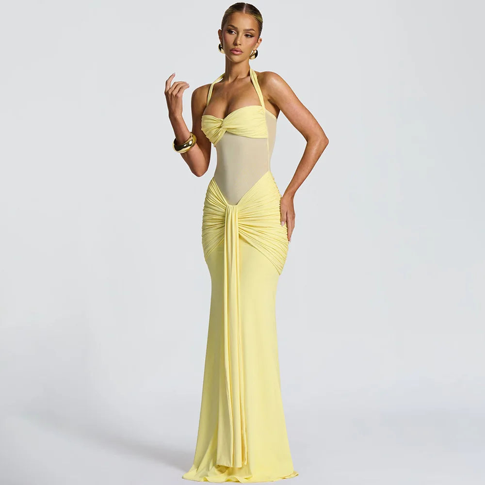 Ruched Halter Backless Maxi Dress