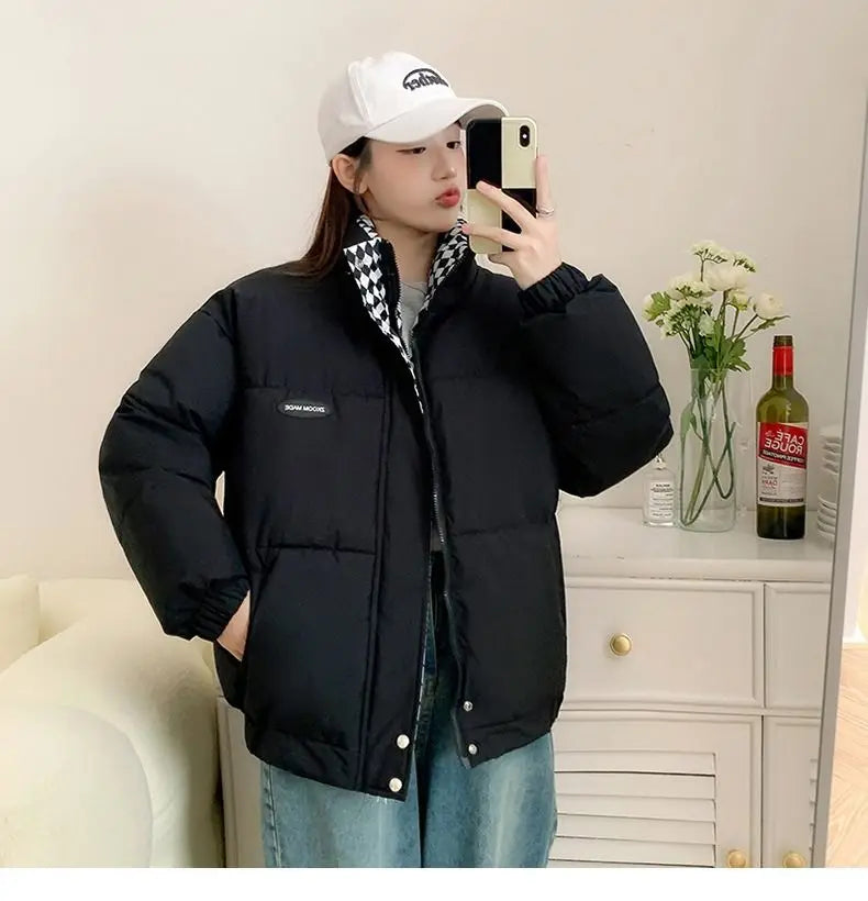 Checkerboard Puffer Jacket with Stand Collar | Warm Winter Coat