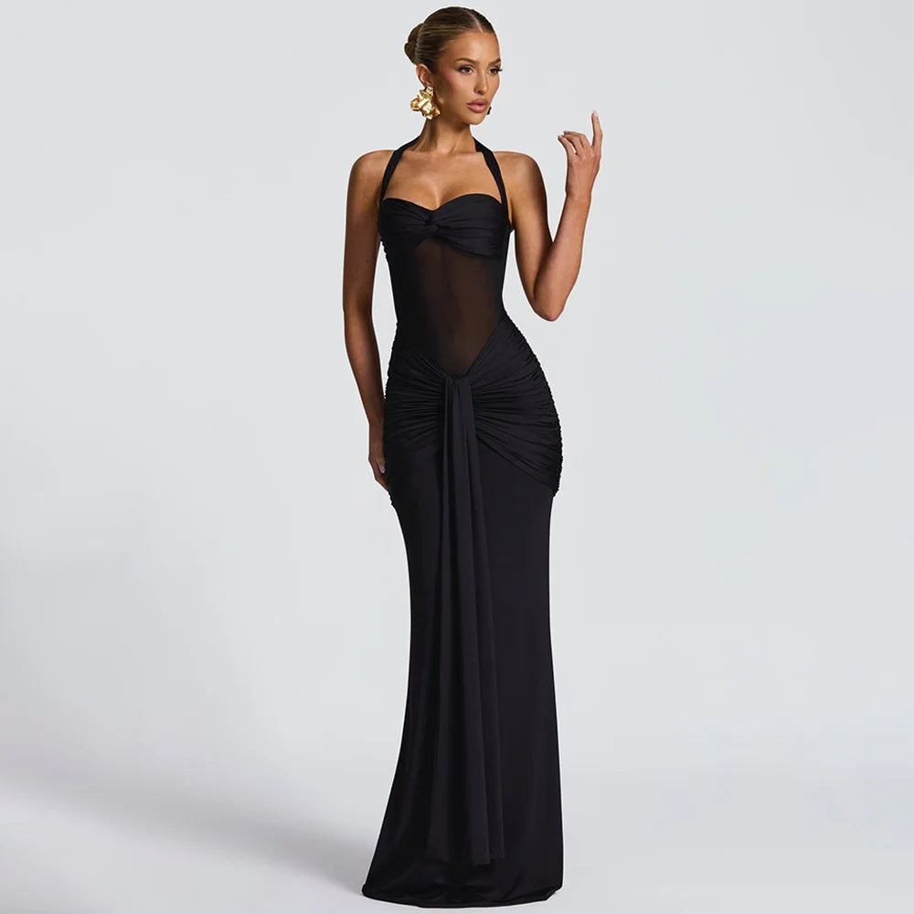 Ruched Halter Backless Maxi Dress