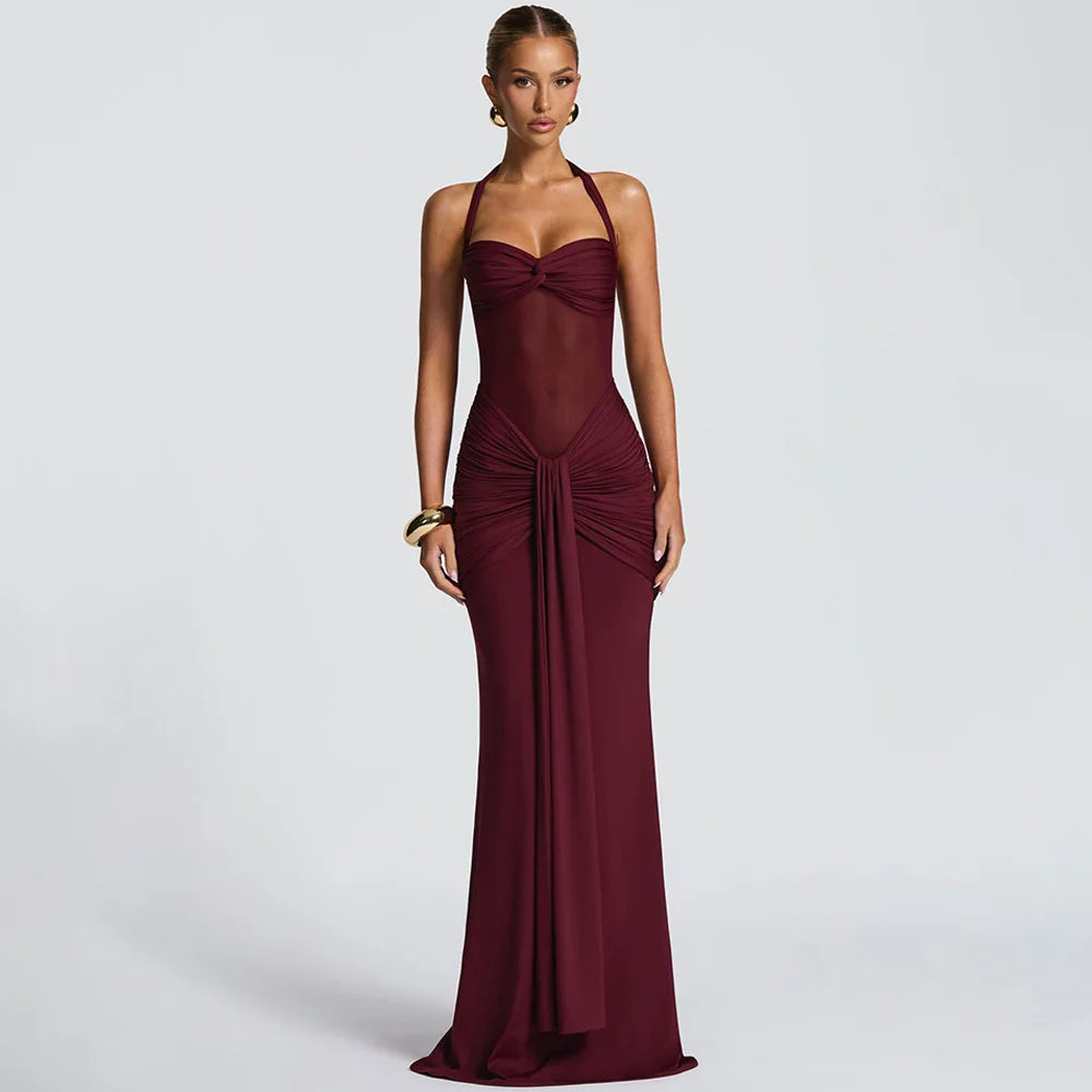 Ruched Halter Backless Maxi Dress