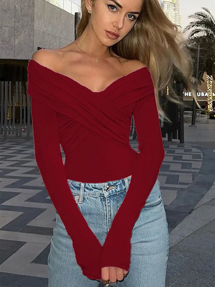 Backless Corset Bodysuit in Red | Long Sleeve Knit Romper