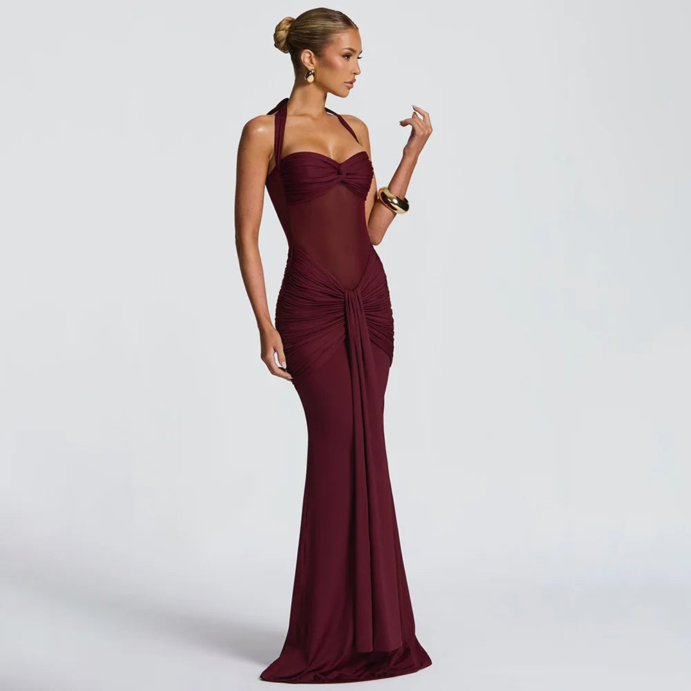 Ruched Halter Backless Maxi Dress