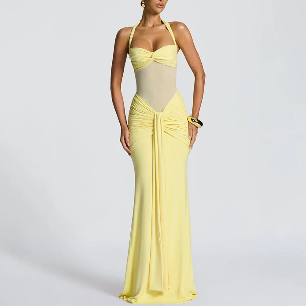 Ruched Halter Backless Maxi Dress