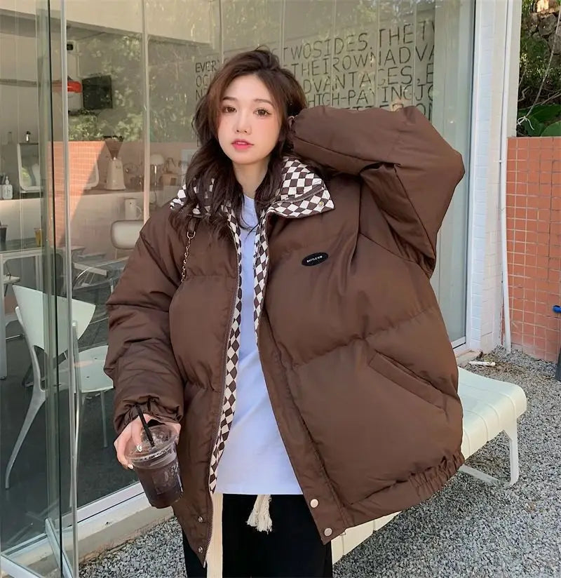Checkerboard Puffer Jacket with Stand Collar | Warm Winter Coat