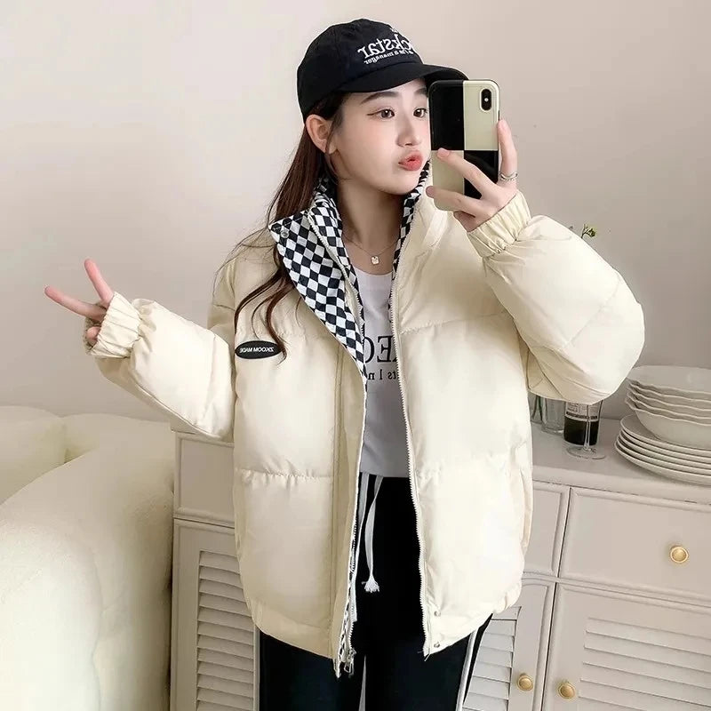 Checkerboard Puffer Jacket with Stand Collar | Warm Winter Coat