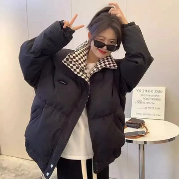 Checkerboard Puffer Jacket with Stand Collar | Warm Winter Coat