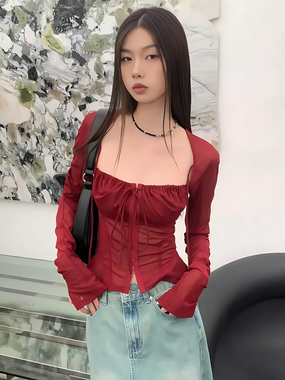 Sheer Ruched Lace Up Blouse - KAYSMAR