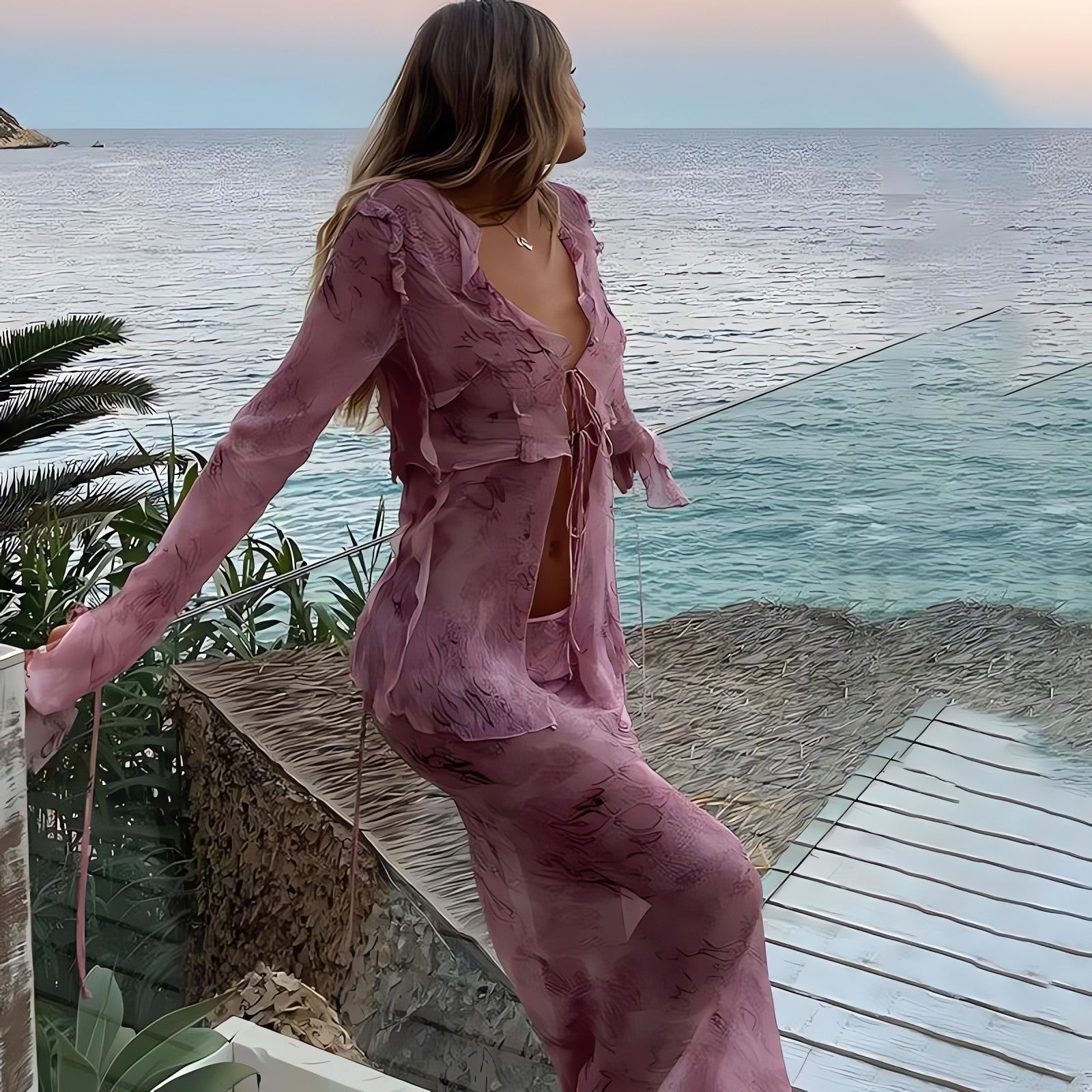 Snakeskin Blouse & Maxi Skirt Two Piece Set - KAYSMAR