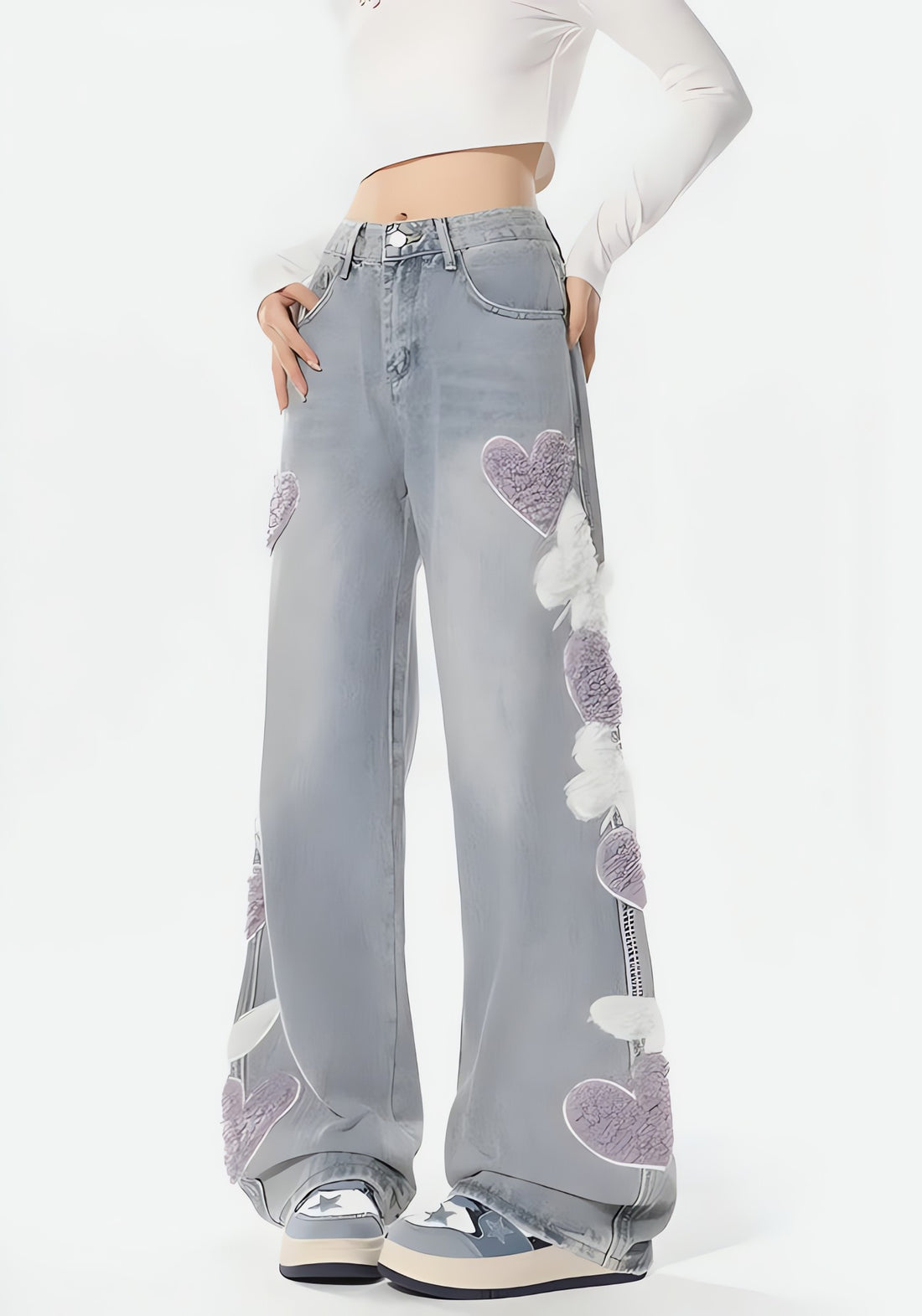 Soft Girl Fluffy Heart Butterfly Jeans - KAYSMAR