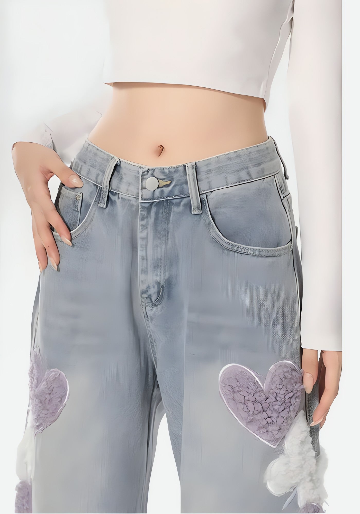 Soft Girl Fluffy Heart Butterfly Jeans - KAYSMAR