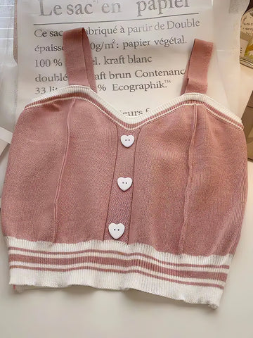 Soft Girl Heart Buttoned Knitted Crop Top - KAYSMAR