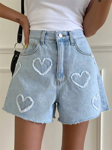 Soft Girl Heart Patch Denim Shorts - KAYSMAR