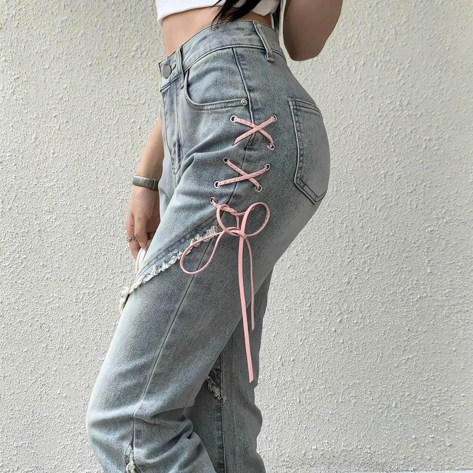 Soft Girl Lace Up Slit Flare Jeans - KAYSMAR