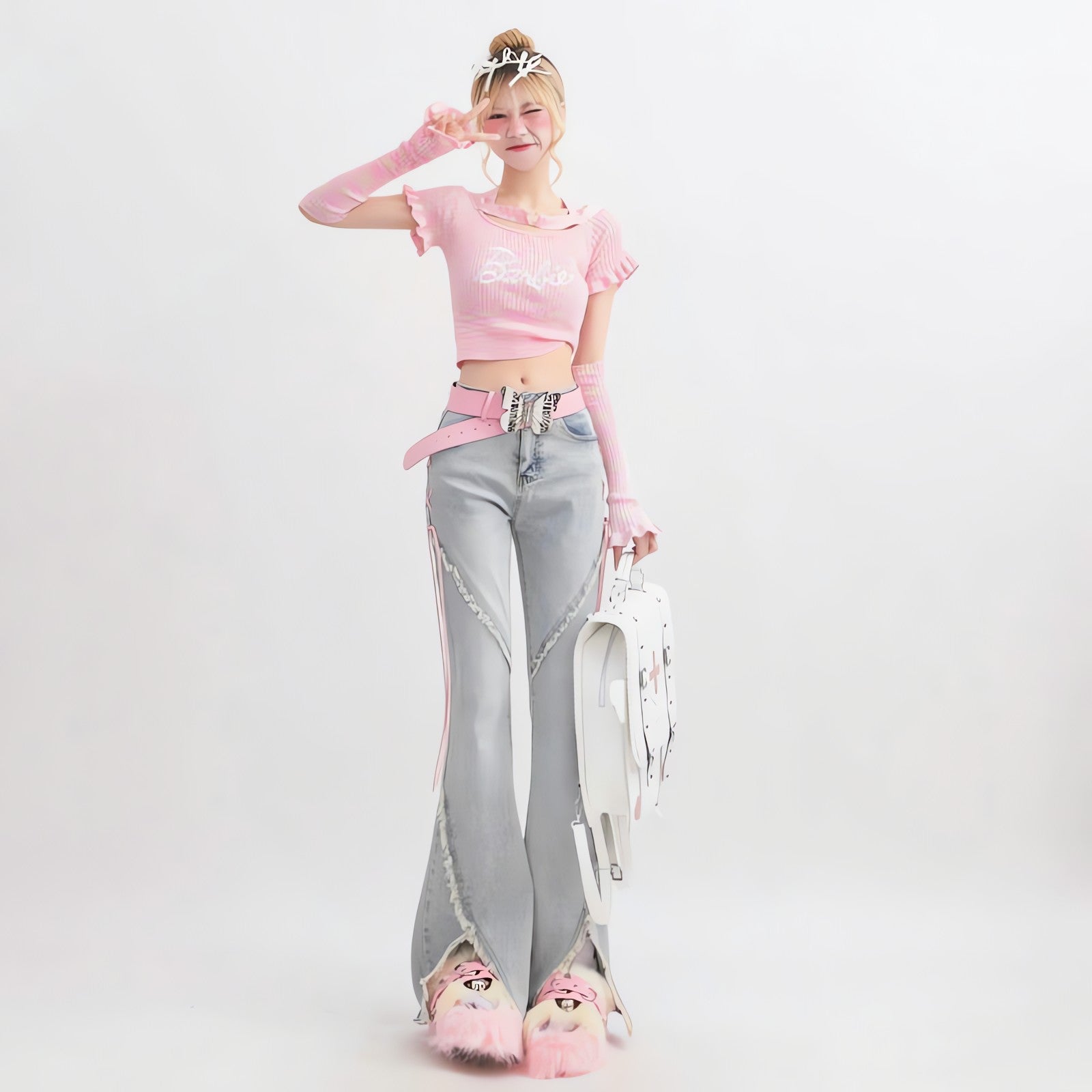 Soft Girl Lace Up Slit Flare Jeans - KAYSMAR
