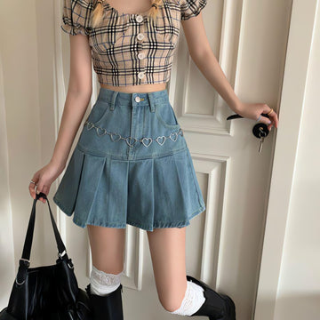 Soft Girl Pleated Denim Mini Skirt - KAYSMAR