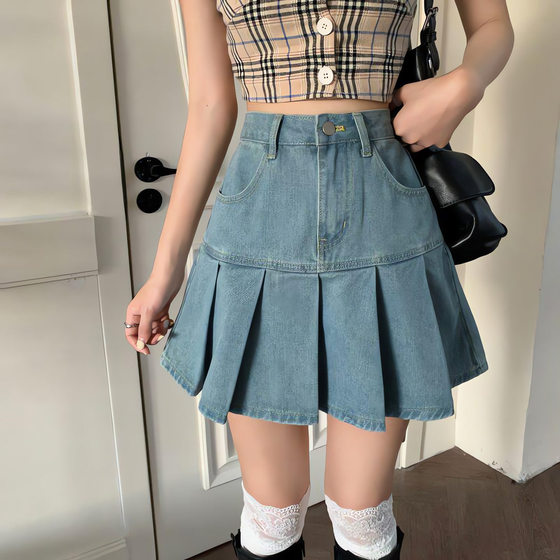 Soft Girl Pleated Denim Mini Skirt - KAYSMAR