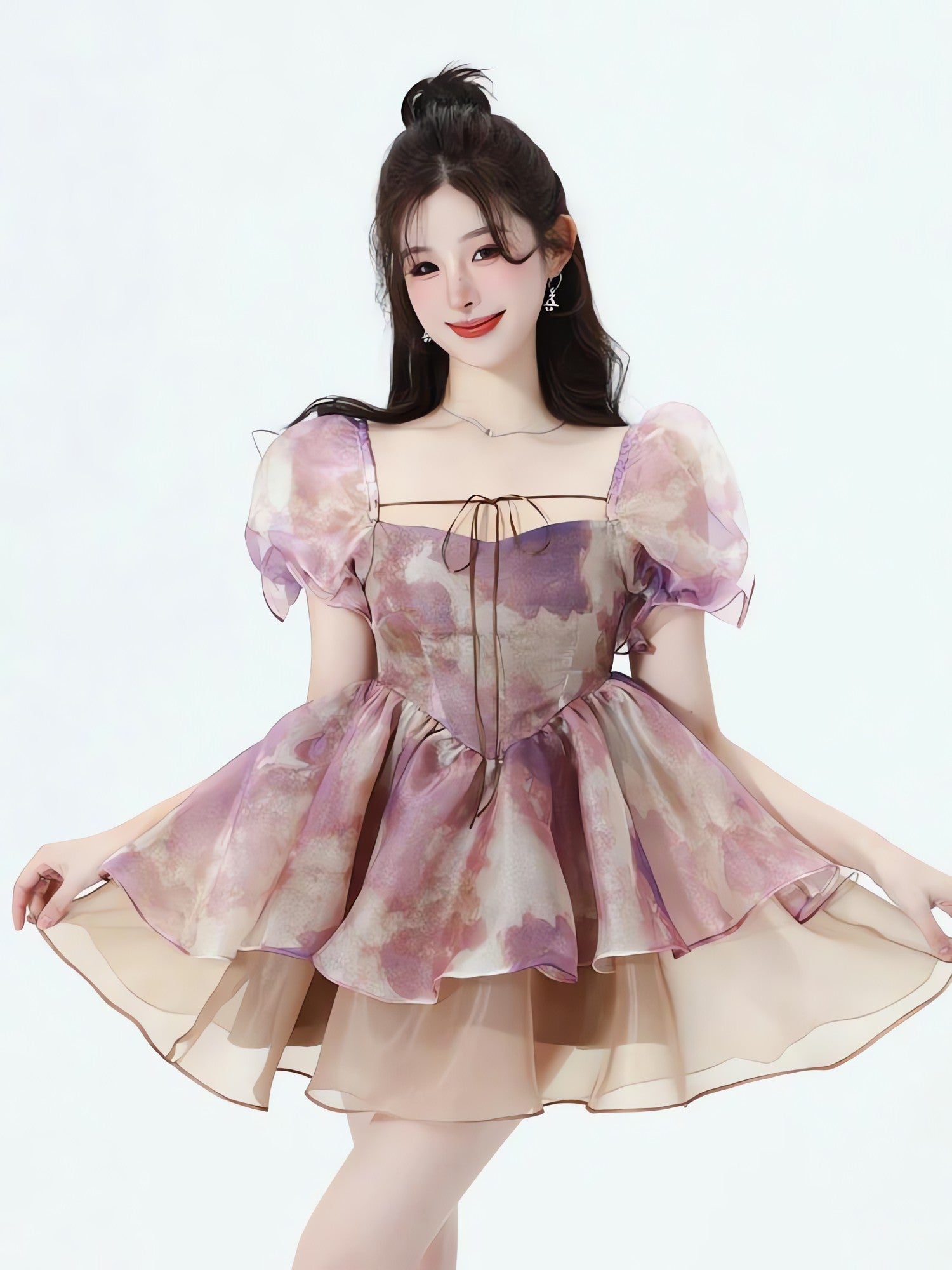 Soft Girl Puff Sleeve Layered Mini Dress - KAYSMAR