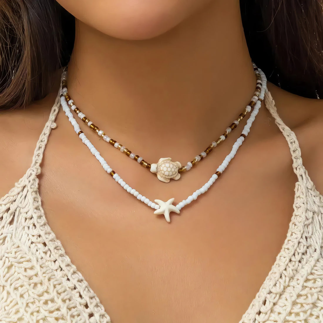 Starfish & Turtle Beaded Two-Pack Necklace Set - KAYSMAR