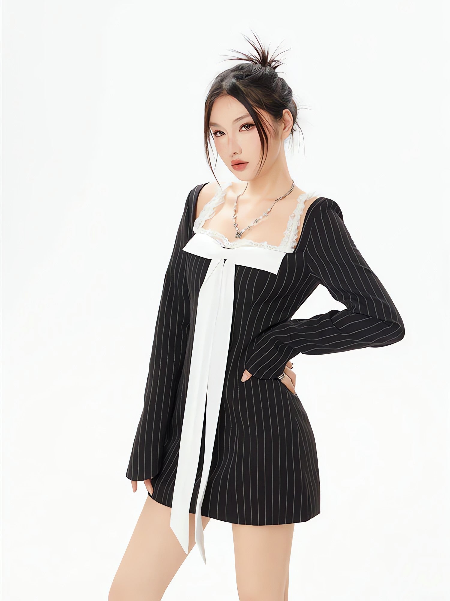 Striped Lace Strap Bow Mini Dress - KAYSMAR