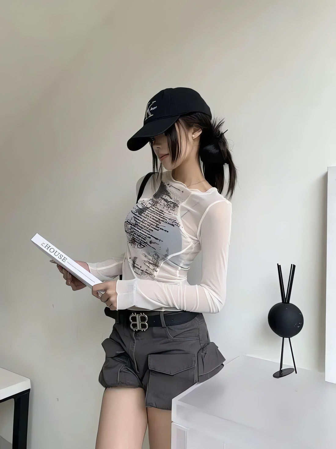 Text Print Sheer Mesh Top - KAYSMAR