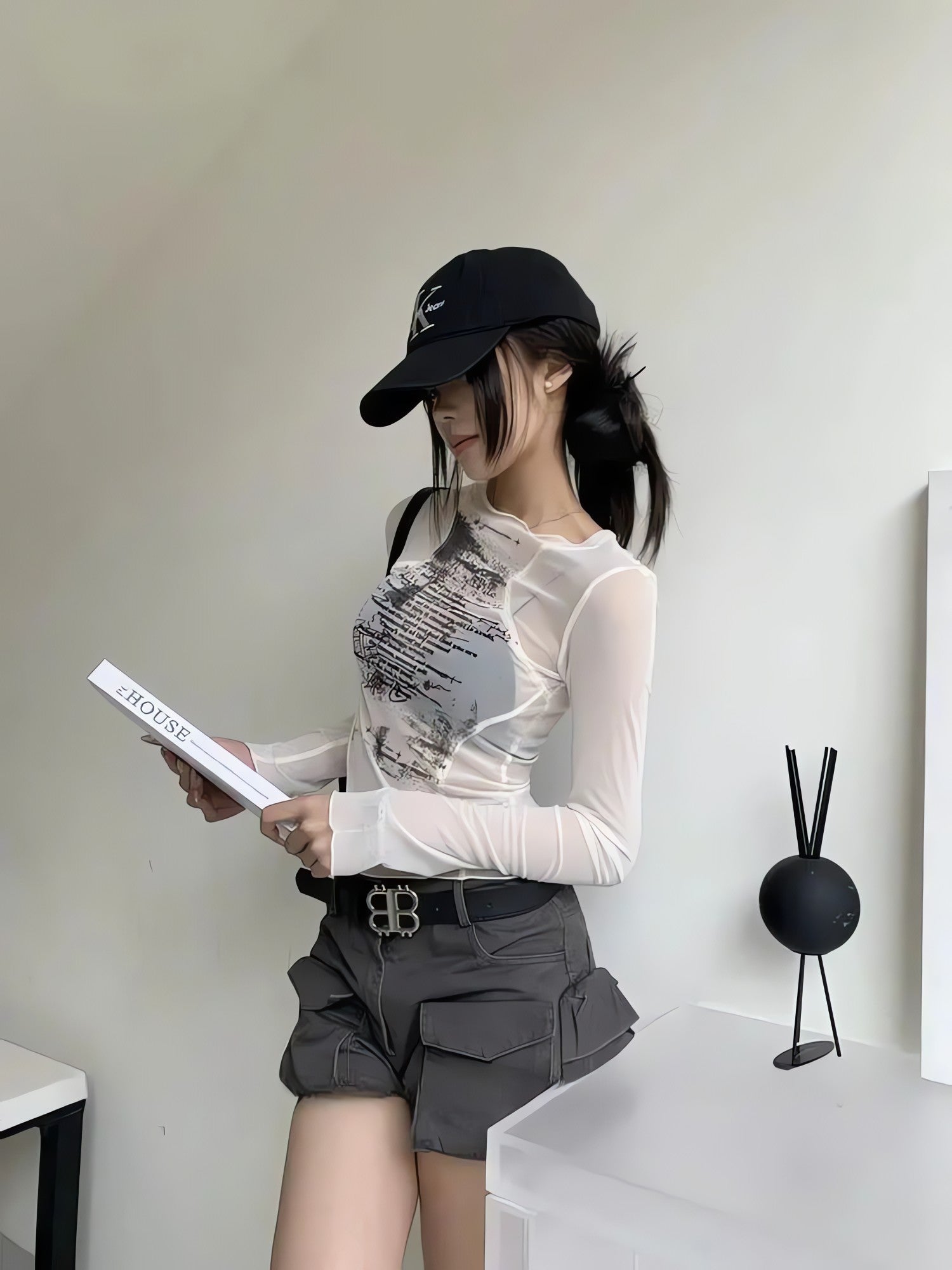 Text Print Sheer Mesh Top - KAYSMAR