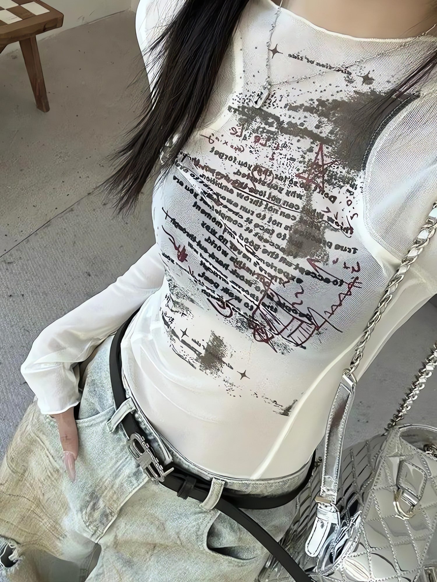 Text Print Sheer Mesh Top - KAYSMAR