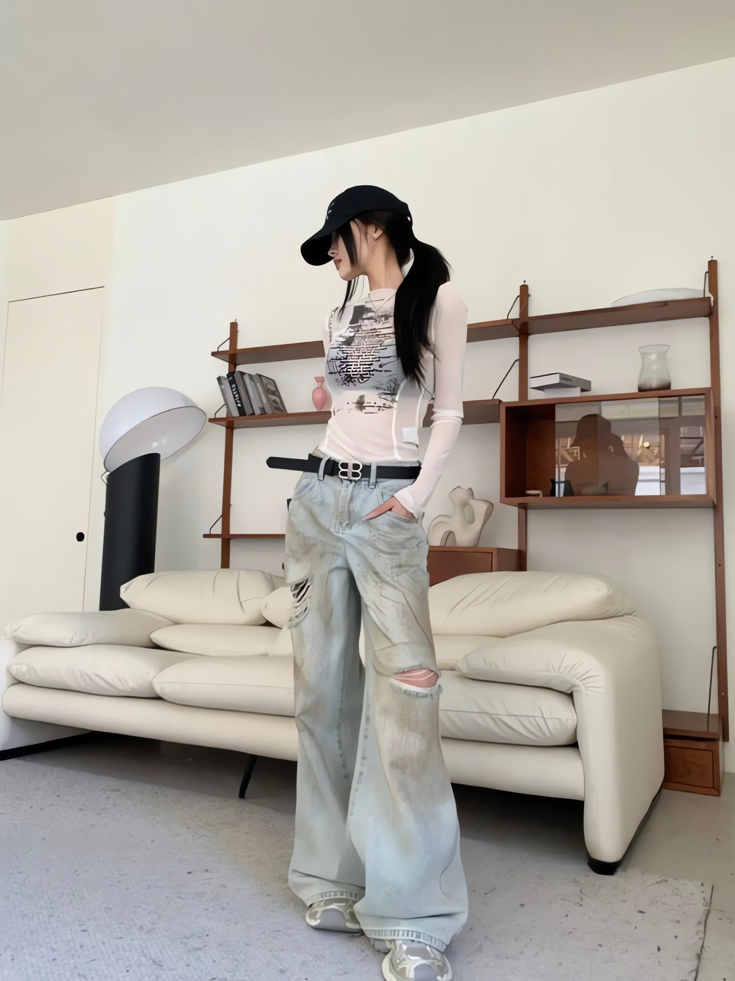 Text Print Sheer Mesh Top - KAYSMAR