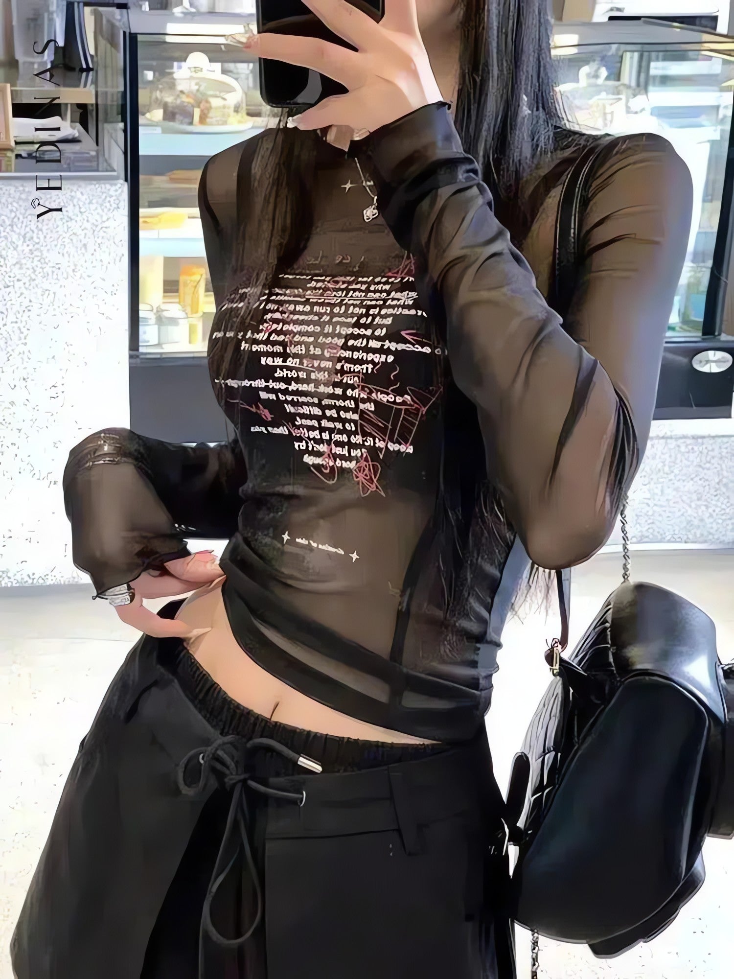 Text Print Sheer Mesh Top - KAYSMAR