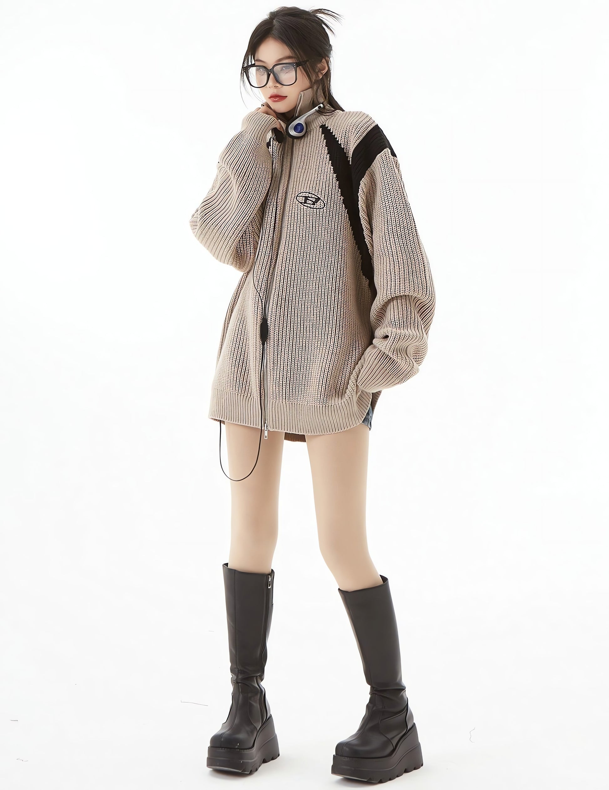 Turtleneck Zip-Up Loose Cardigan - KAYSMAR