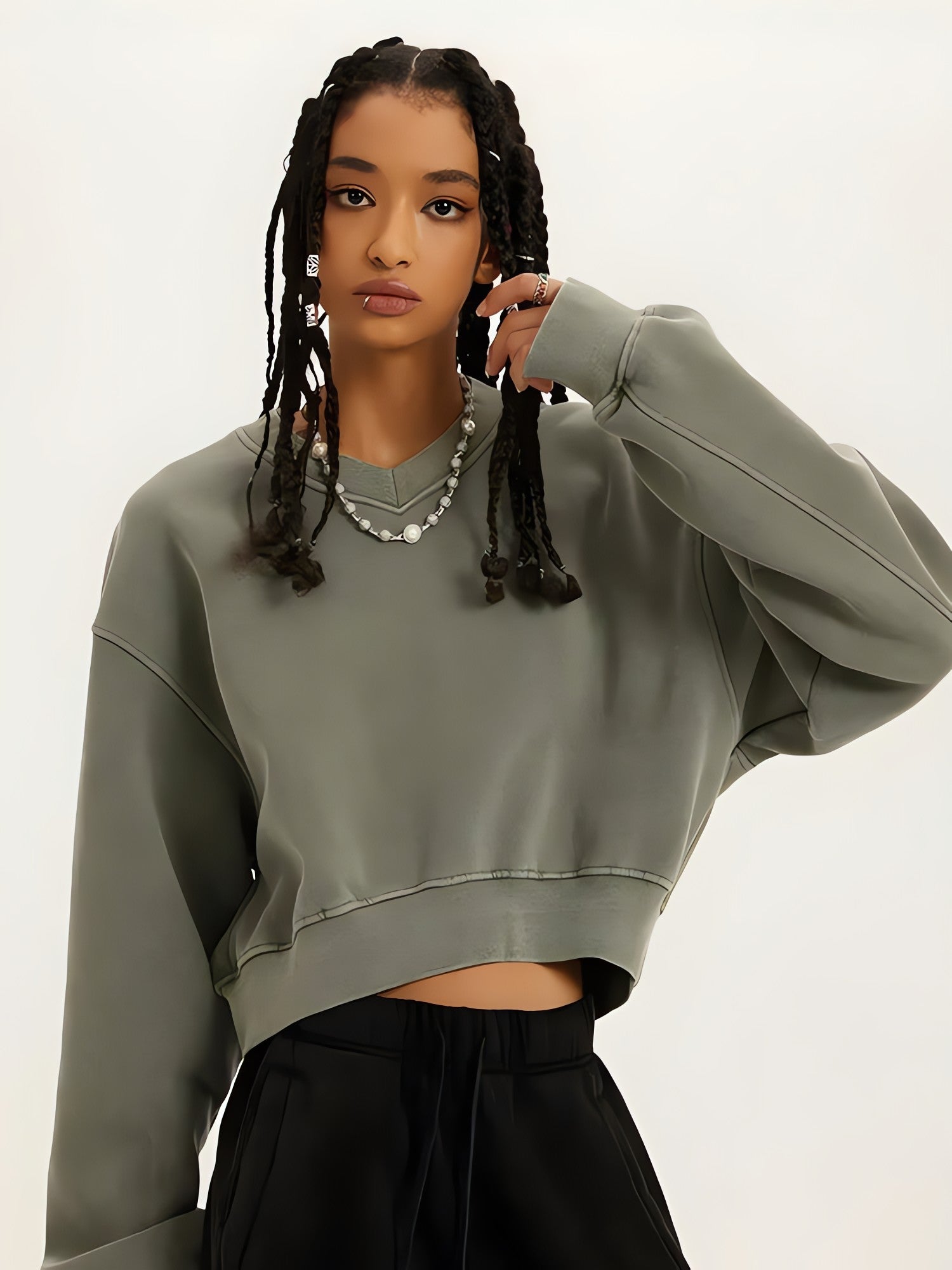 V-Neck Drop Shoulder Cropped Sweatshirt - KAYSMAR