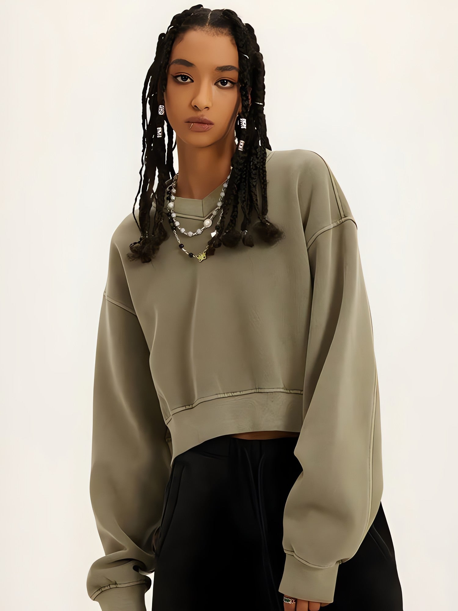 V-Neck Drop Shoulder Cropped Sweatshirt - KAYSMAR
