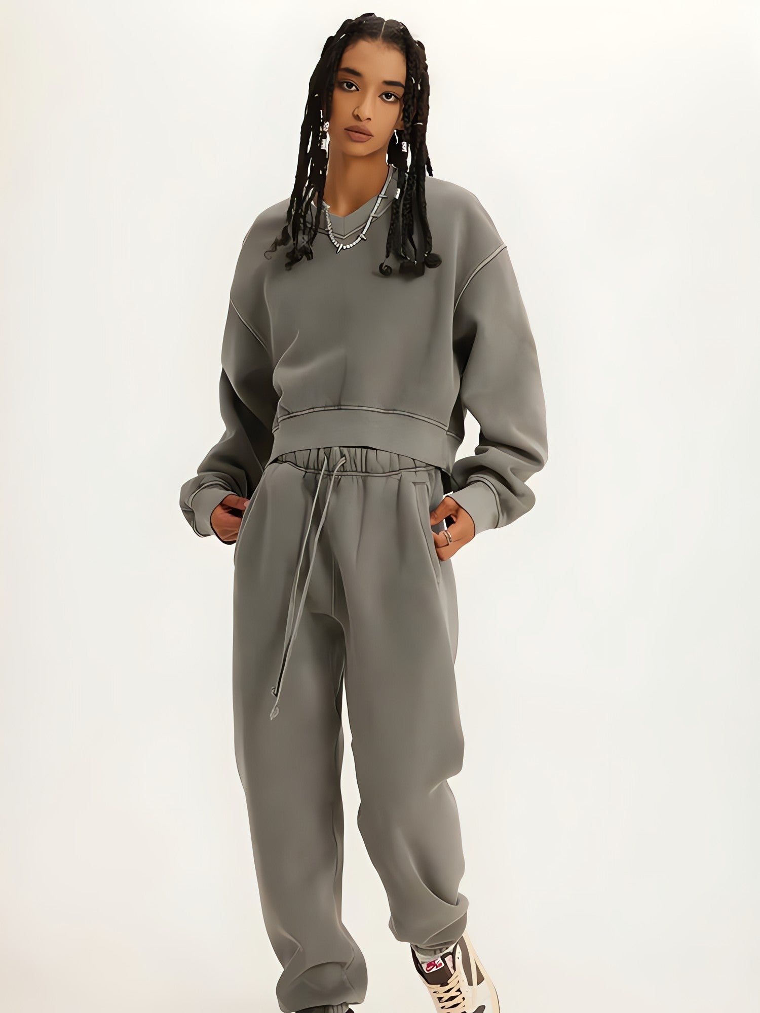 V-Neck Drop Shoulder Cropped Sweatshirt - KAYSMAR