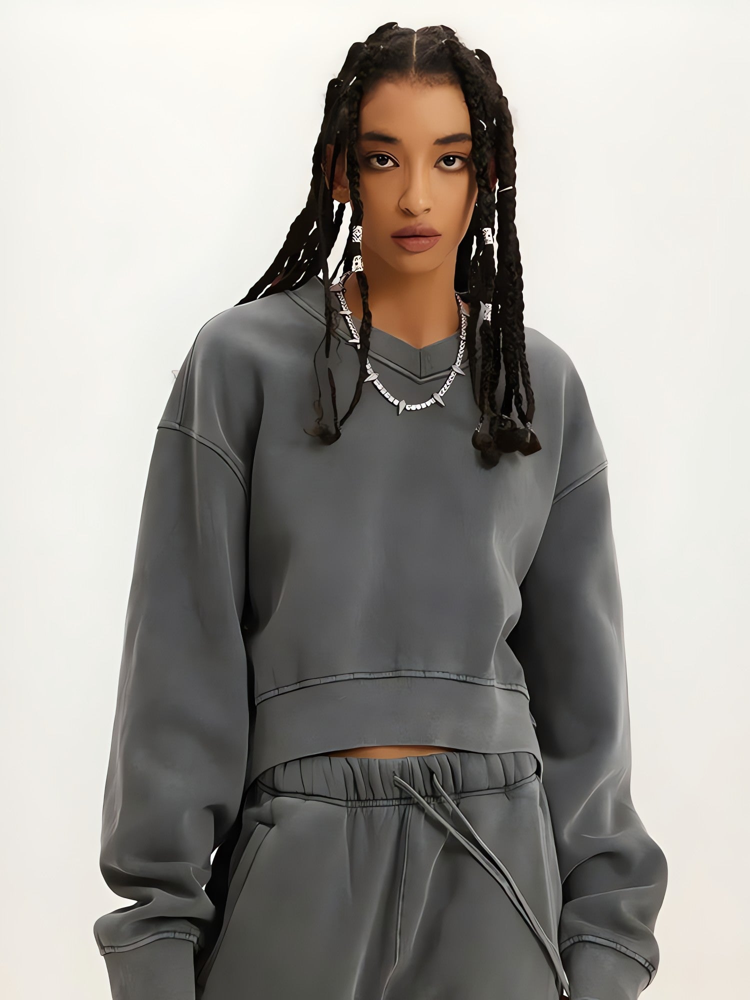 V-Neck Drop Shoulder Cropped Sweatshirt - KAYSMAR