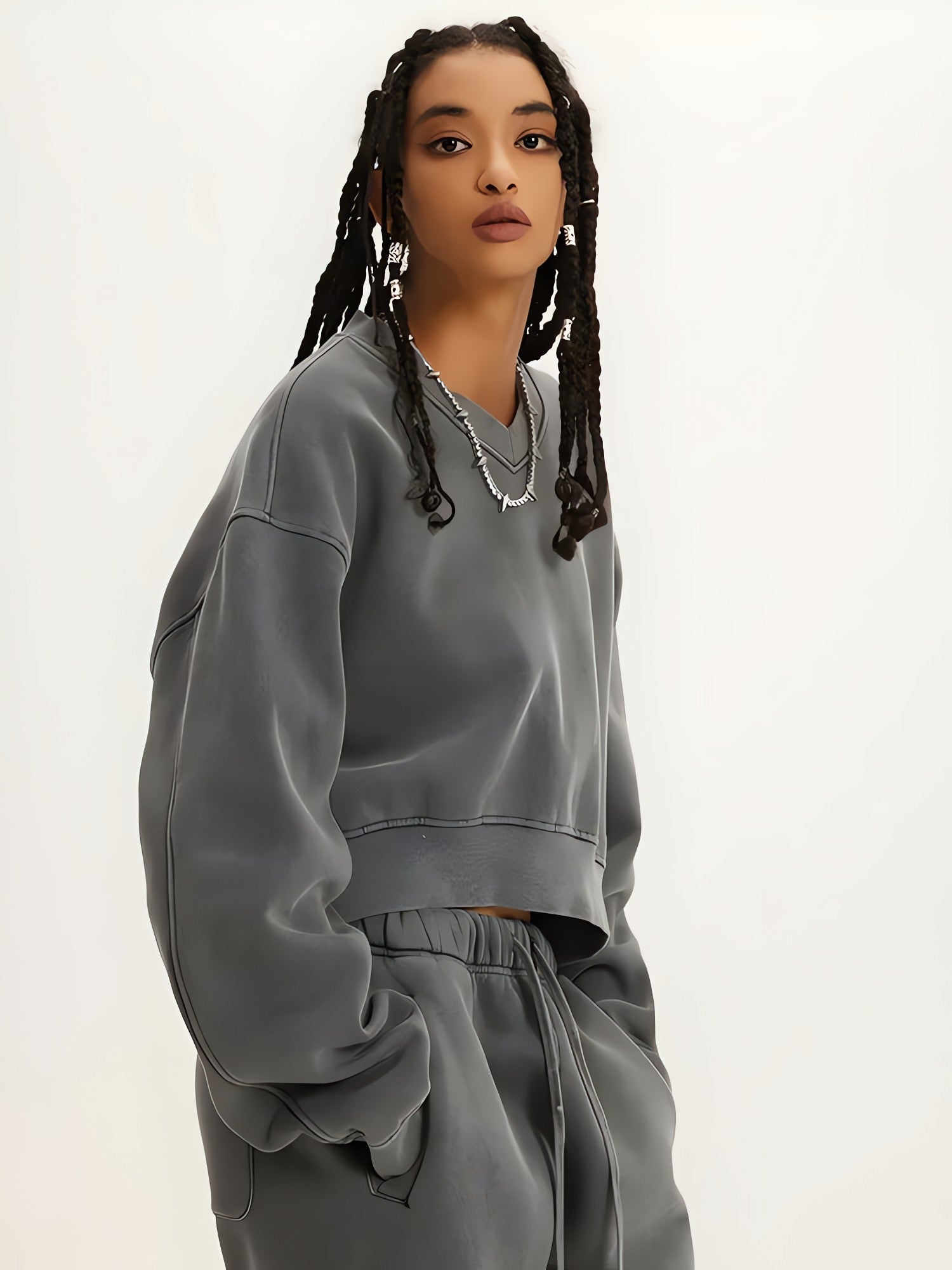 V-Neck Drop Shoulder Cropped Sweatshirt - KAYSMAR