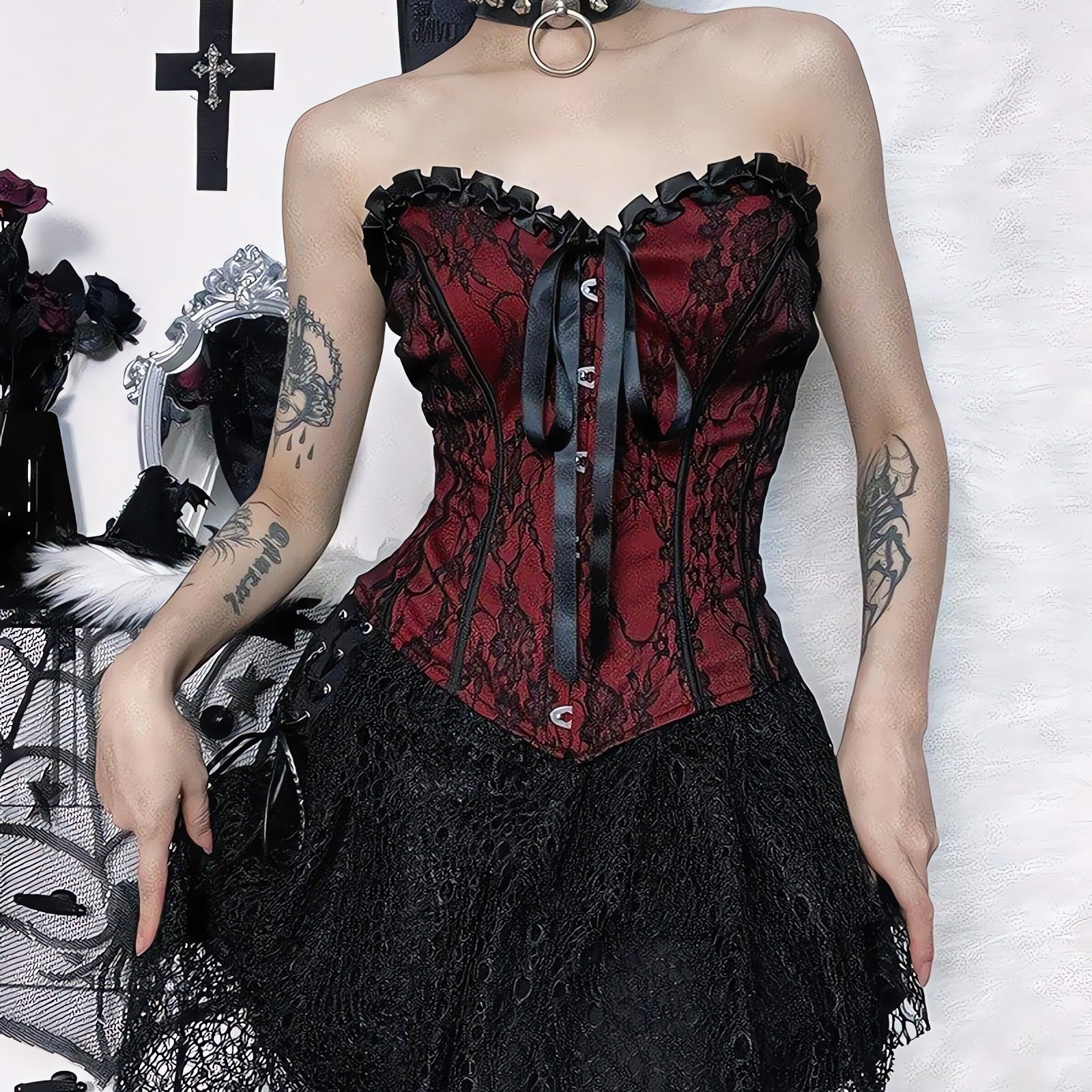 Victorian Goth Ribbon Detailed Corset Top - KAYSMAR