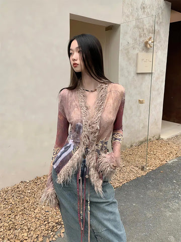 Vintage Faux Fur Detailed Lace Up Top - KAYSMAR