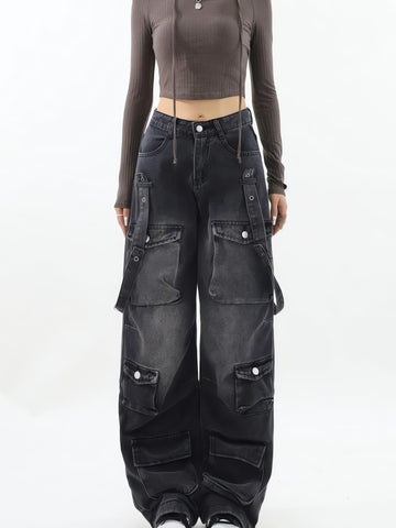 Y2K Belted Dark Wash Cargo Jeans - KAYSMAR